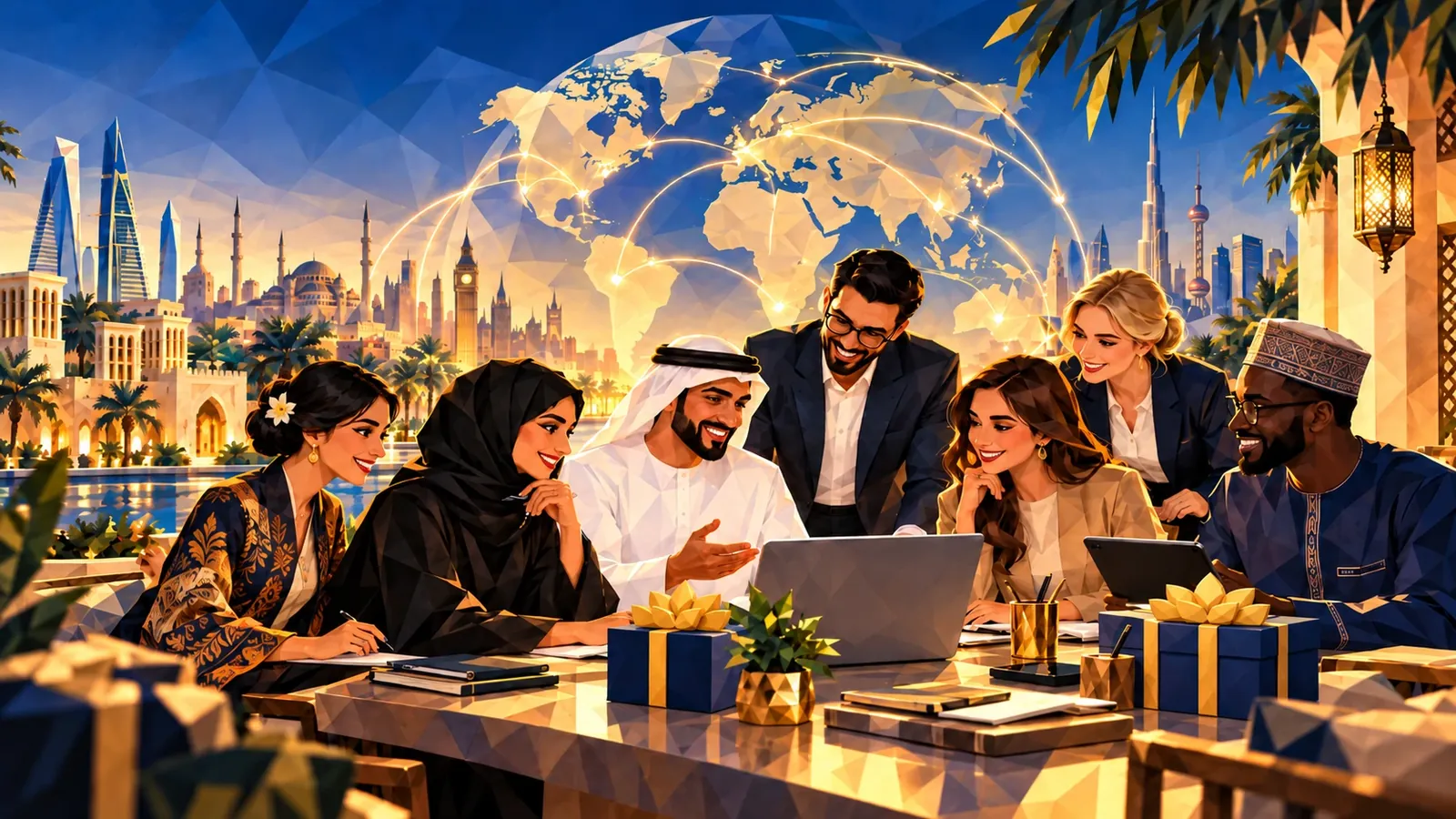 Founders from many countries gather around a laptop and gift boxes, in front of a glowing world map linking cities across the globe.
