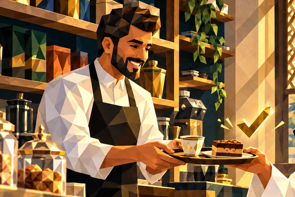A shopkeeper hands a tray with a coffee and a slice of cake across the counter.