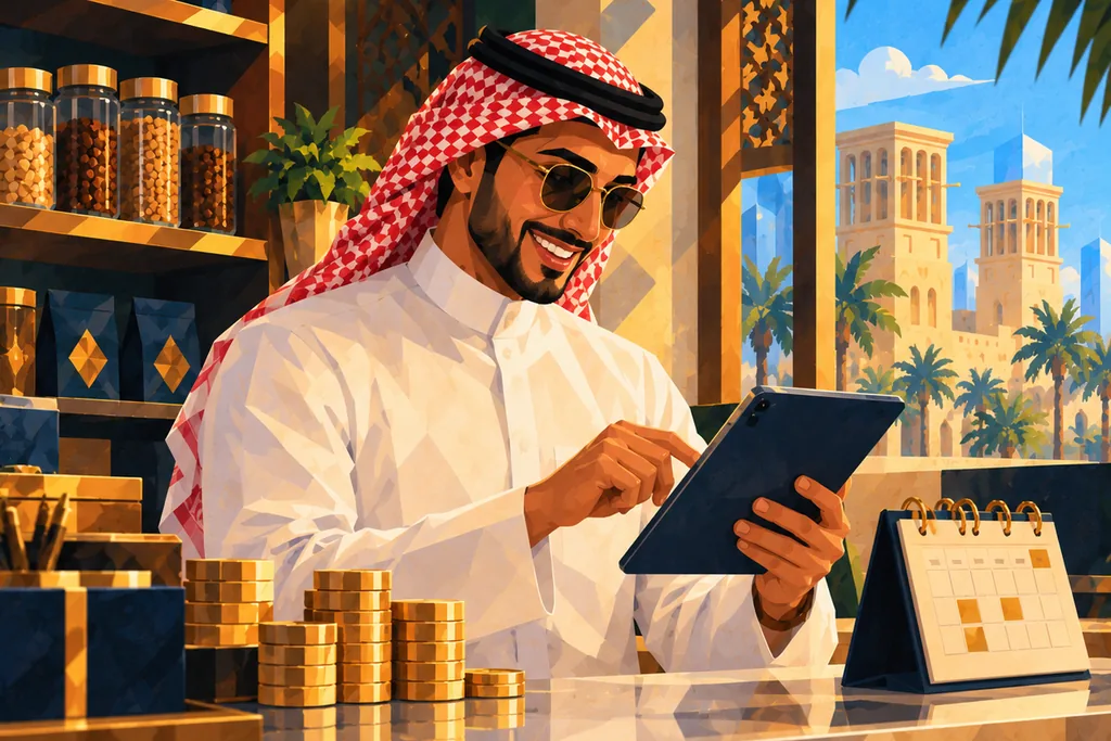 A shop owner checks his ihdaa balance on a tablet, beside stacks of gold coins and a calendar.
