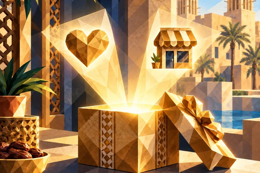 An open gold gift box whose light splits toward a heart and a small shop.