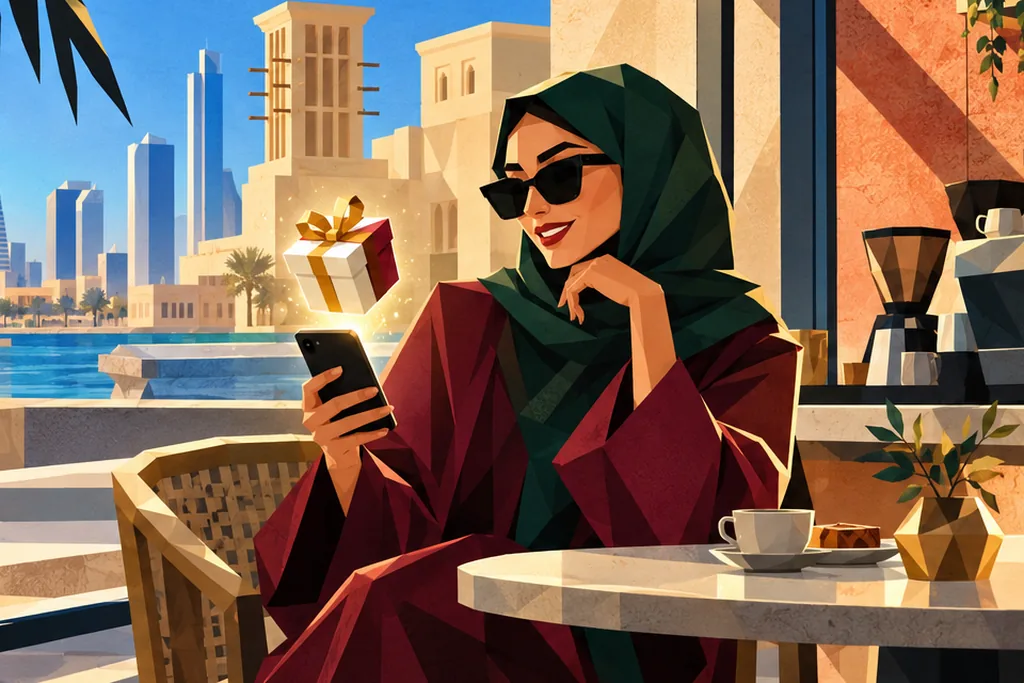 A woman at a cafe sends a gift from her phone as the ihdaa gift symbol floats above the screen.