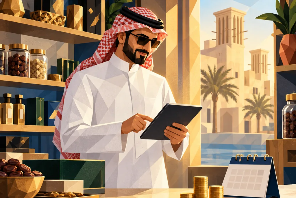 A shop owner at his counter reads his ihdaa tablet, with a calendar and coins beside him.