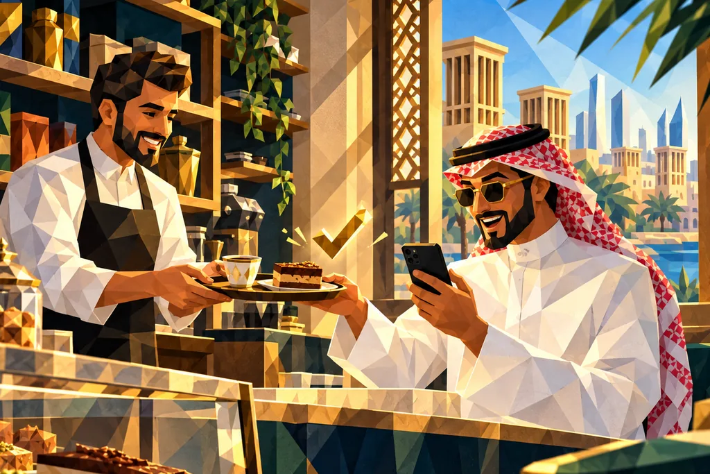 At a café counter a man shows his phone and the shopkeeper hands him a coffee and a slice of cake.