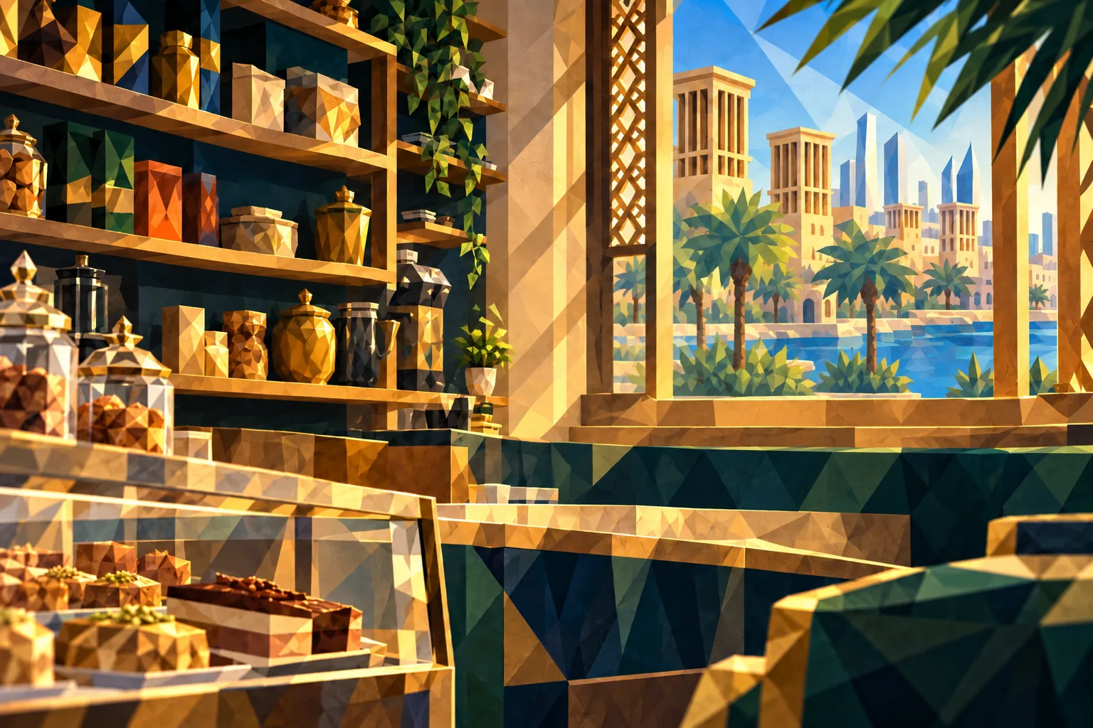 At a café counter the man shows his phone and the shopkeeper hands him a coffee and a slice of cake.