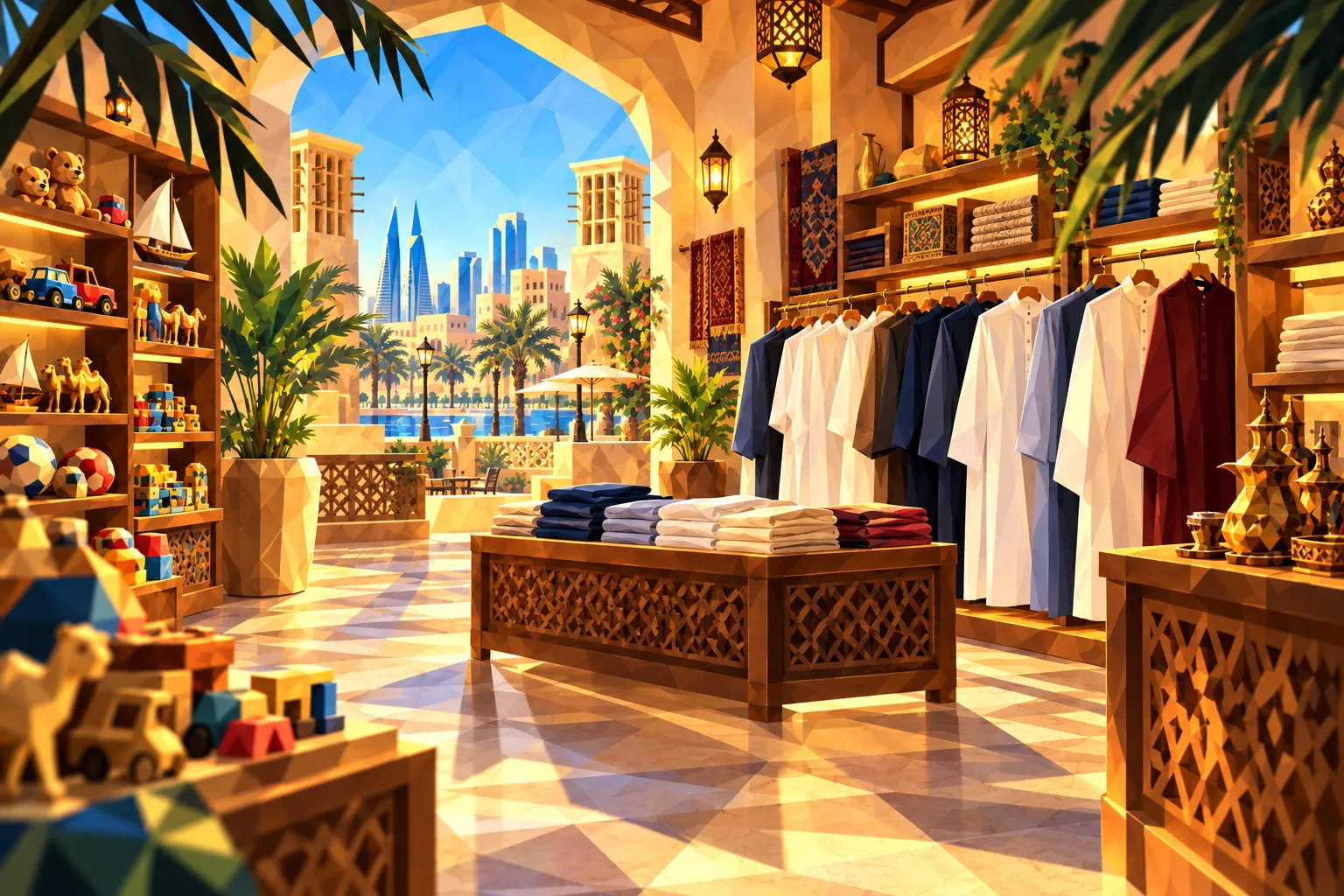 In a souq clothing and toy shop the boy holds up a shirt while his mother shows the gift on her phone and the shopkeeper smiles; a gold tick floats between them.