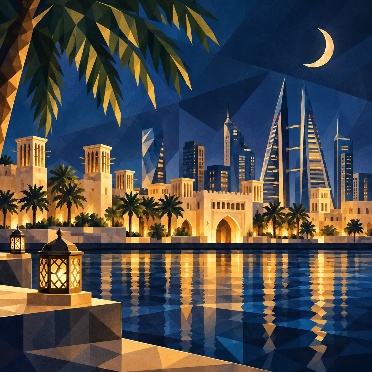 Manama at night, seen from the water under a crescent moon.