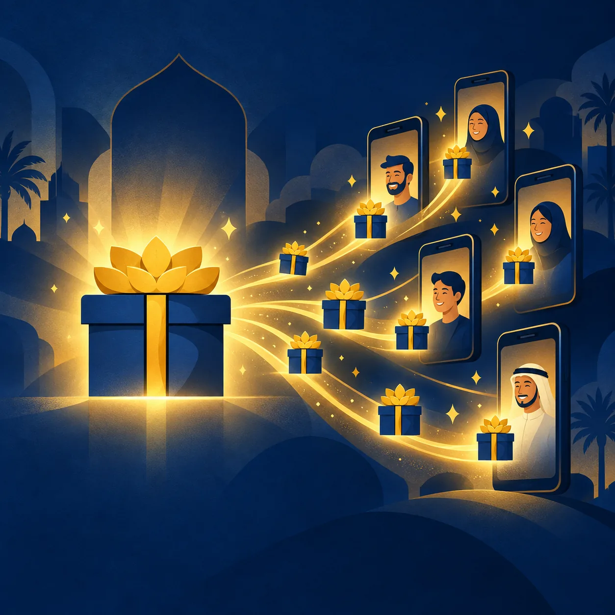 One glowing ihdaa gift symbol becomes many smaller gifts that drift to the phones of smiling people.