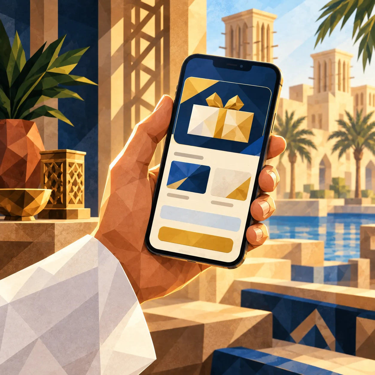A hand holds a phone with a gift on its screen.