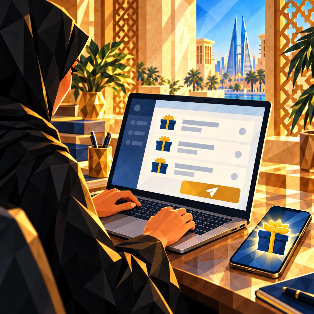 Over a Community Partner worker's shoulder: the ihdaa portal on her laptop lists gifts to send, and a phone beside it glows with a gift.