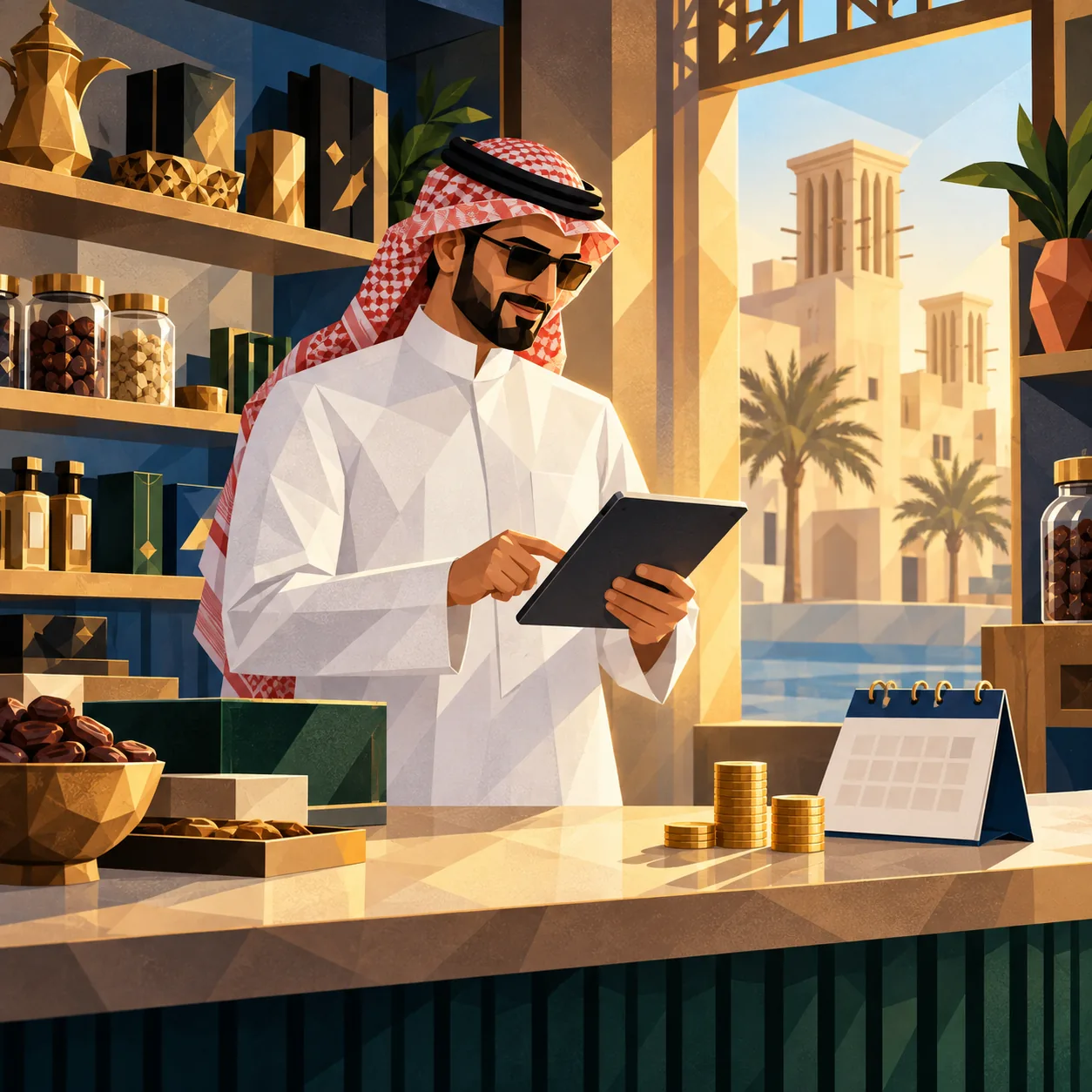 A shop owner checks his ihdaa balance on a tablet, beside stacks of gold coins and a calendar.
