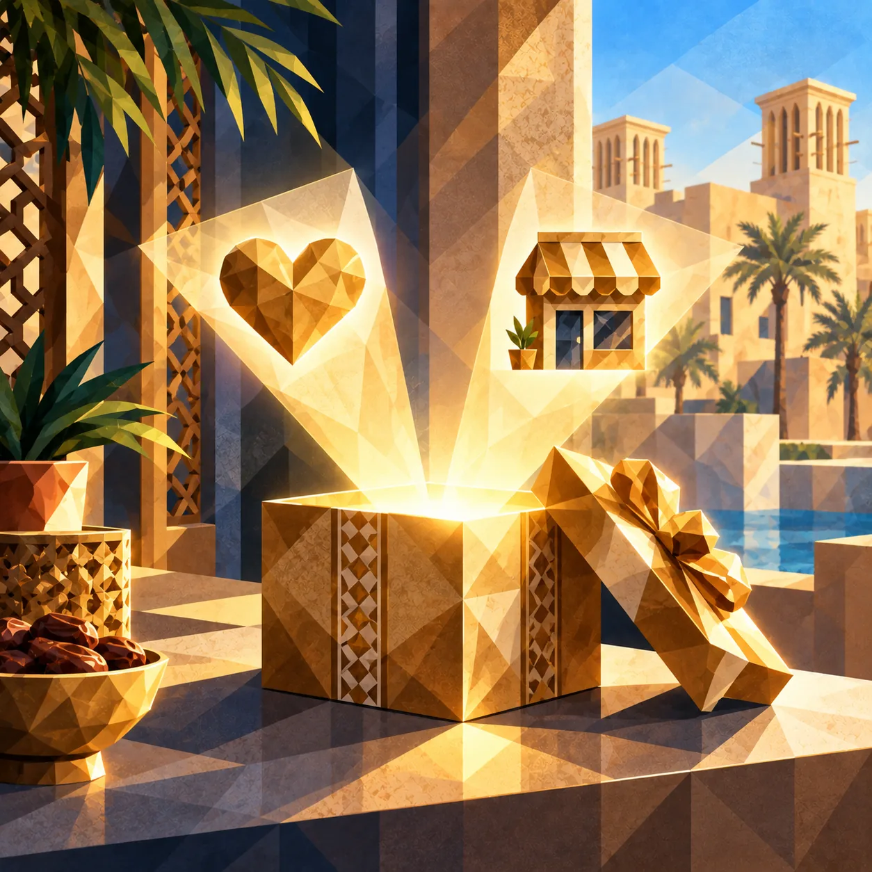 An open gold gift box whose light splits toward a heart and a small shop.